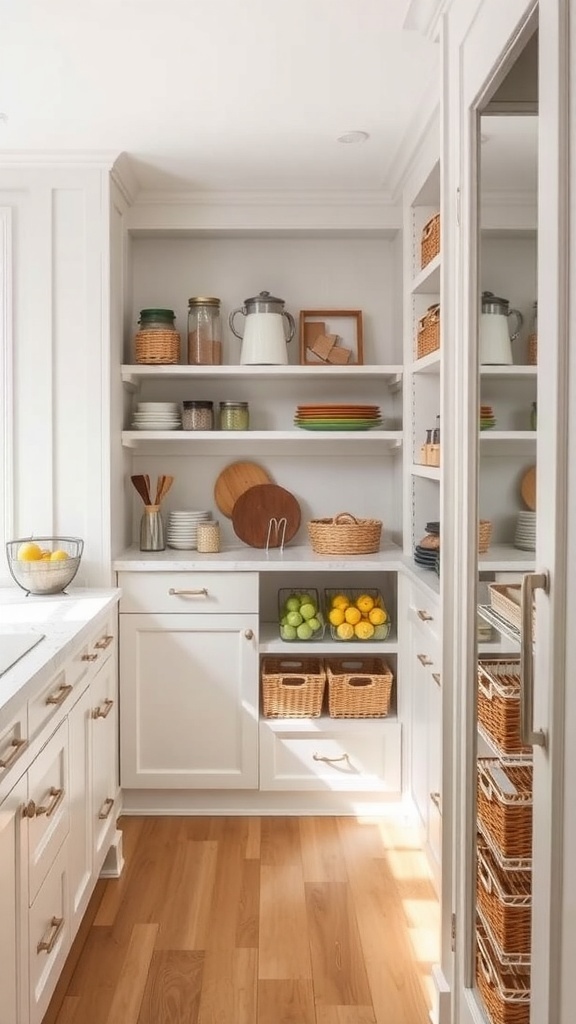 A modern farmhouse pantry with organized shelves, featuring clear containers, baskets, and wooden cutting boards.