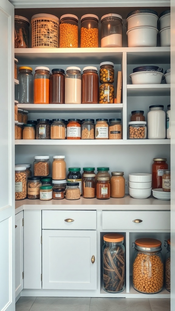 Organized pantry with jars and containers on shelves