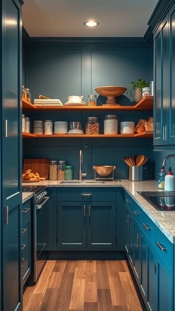 A blue farmhouse kitchen with open shelving and a functional pantry space.