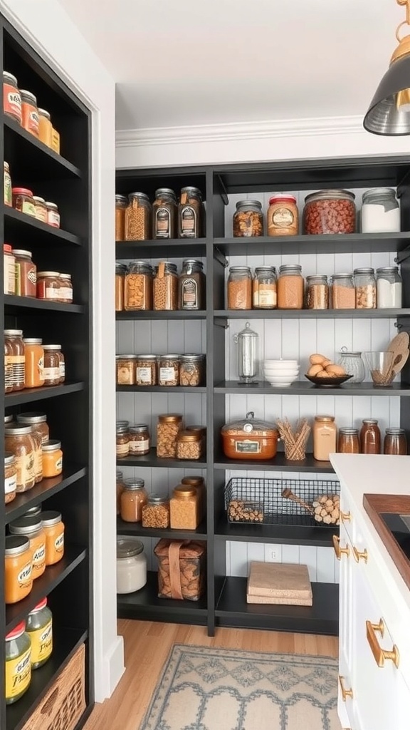 Organized pantry in a black farmhouse kitchen with jars and containers.