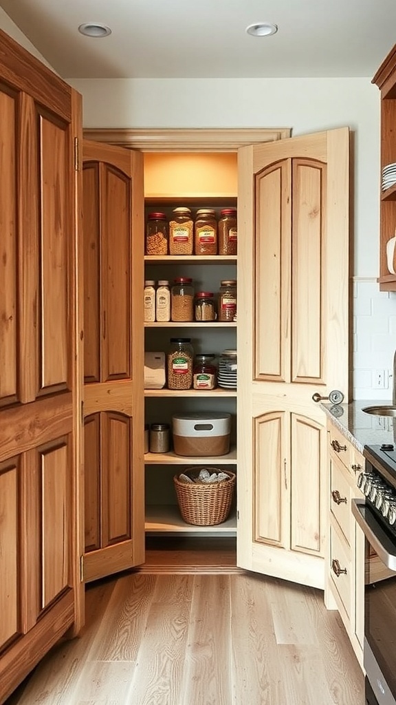 A functional pantry with wooden doors showcasing organized shelves filled with jars and baskets.