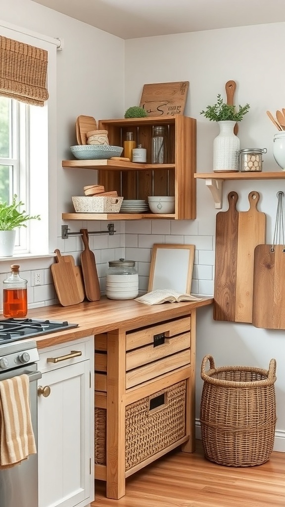 A rustic kitchen with wooden shelves, a wooden countertop, and a woven basket.