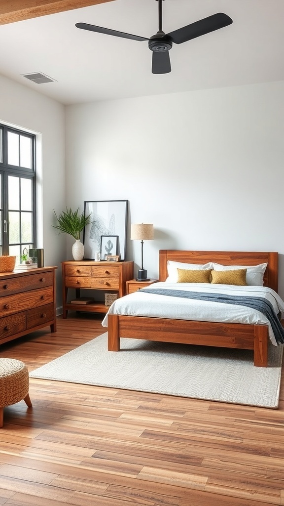 A modern rustic bedroom featuring wooden furniture and a cozy atmosphere.