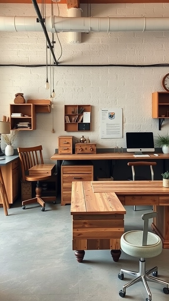 A rustic room featuring wooden furniture including a desk, chairs, and storage.
