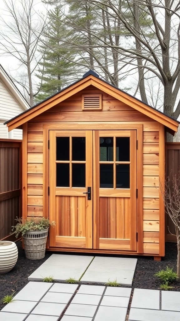 A wooden shed with double doors and a charming design in a modern farmhouse backyard.