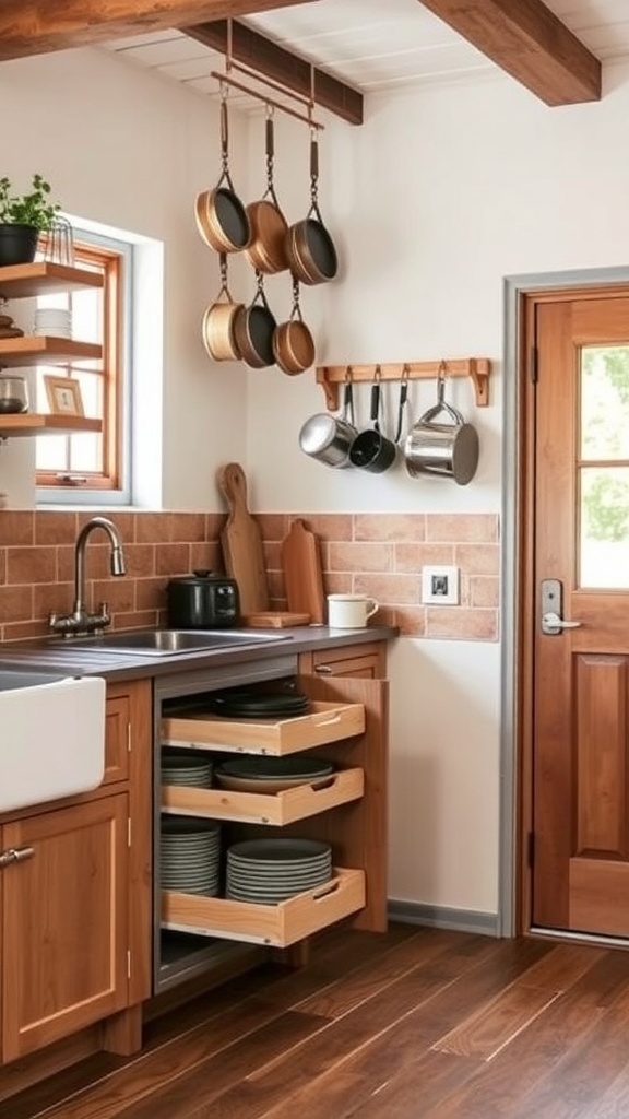 A small rustic kitchen featuring wooden cabinets, hanging pots, and pull-out drawers.