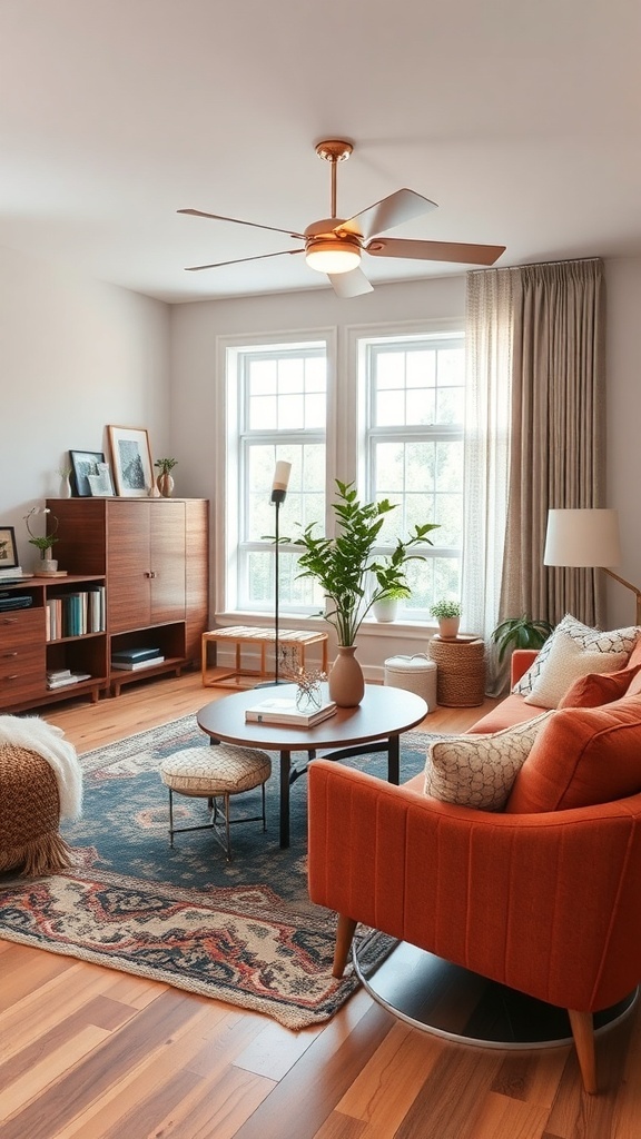 A cozy living room with warm colors, plants, and soft lighting.