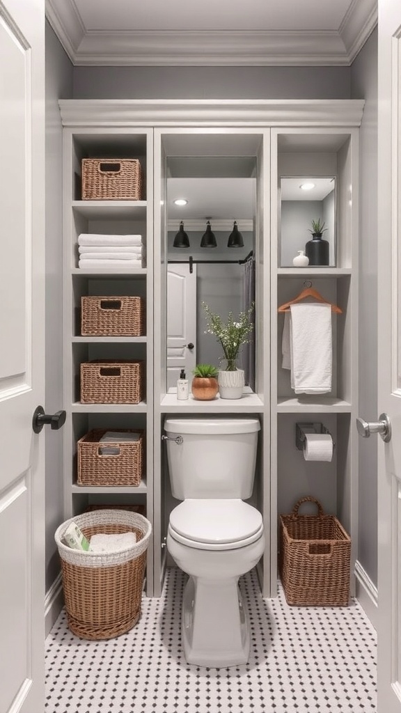 A well-organized bathroom with open shelving, decorative baskets, and a small plant.