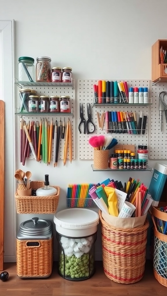 A well-organized artist room with various storage solutions including shelves, baskets, and a pegboard.