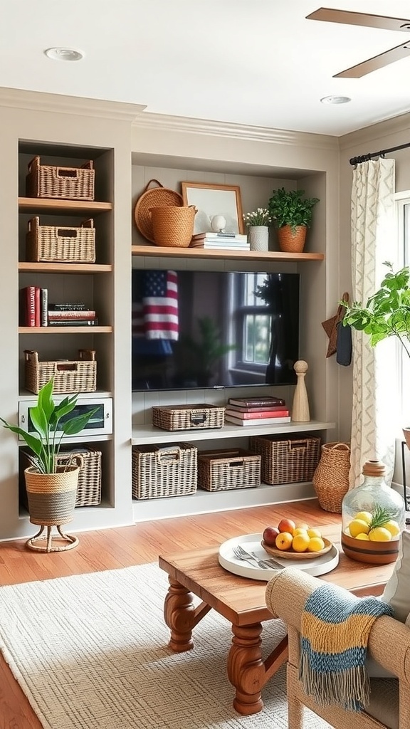 A rustic farmhouse living room featuring open shelves with decorative items and woven baskets for storage.