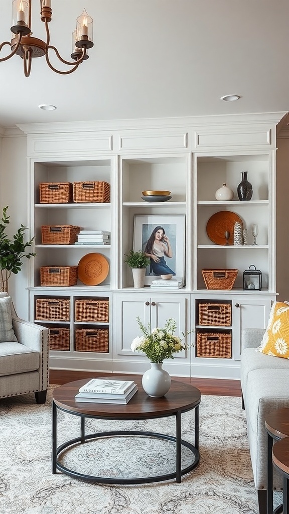 A contemporary farmhouse living room with built-in shelves, baskets, and a coffee table.