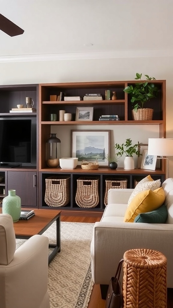 A cozy industrial farmhouse living room with open shelving and woven baskets for storage.