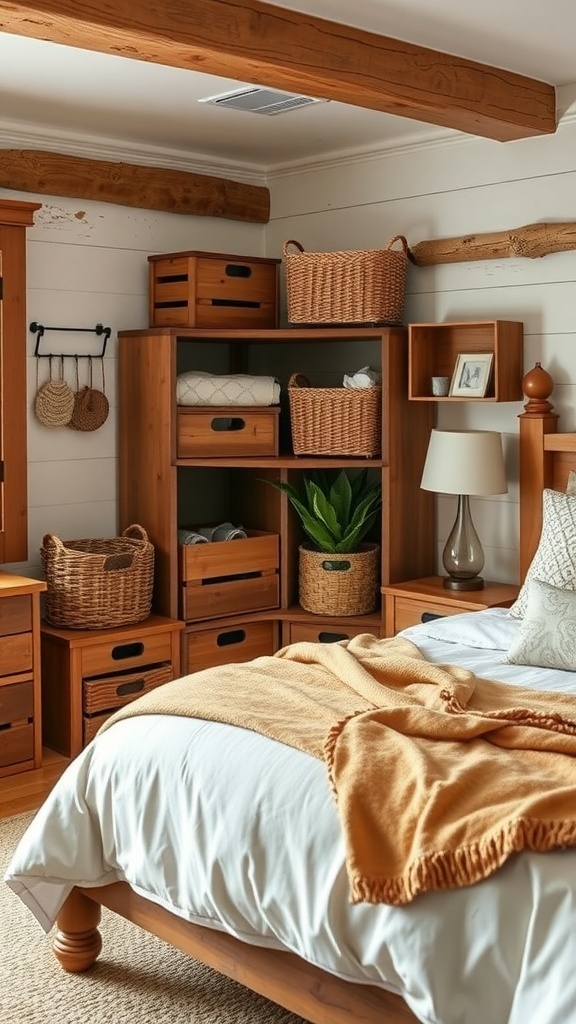 A rustic bedroom featuring wooden storage solutions and a cozy bed.