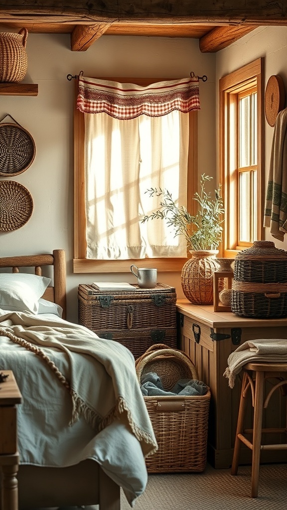 A cozy rustic bedroom featuring a wooden bed, woven baskets, and a vintage trunk for storage.