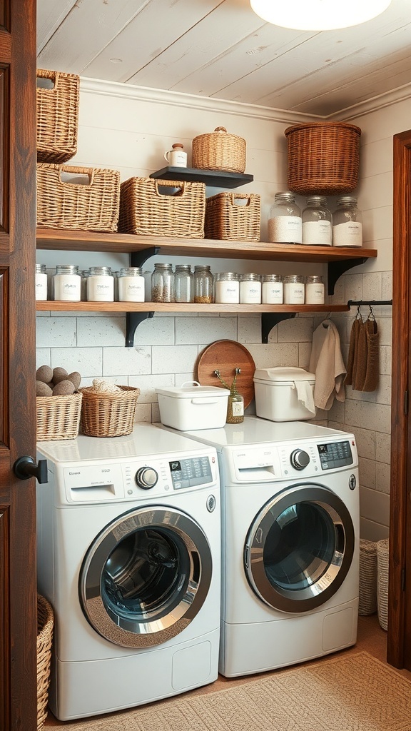 A rustic laundry room featuring a washer and dryer with wooden shelves and woven baskets.