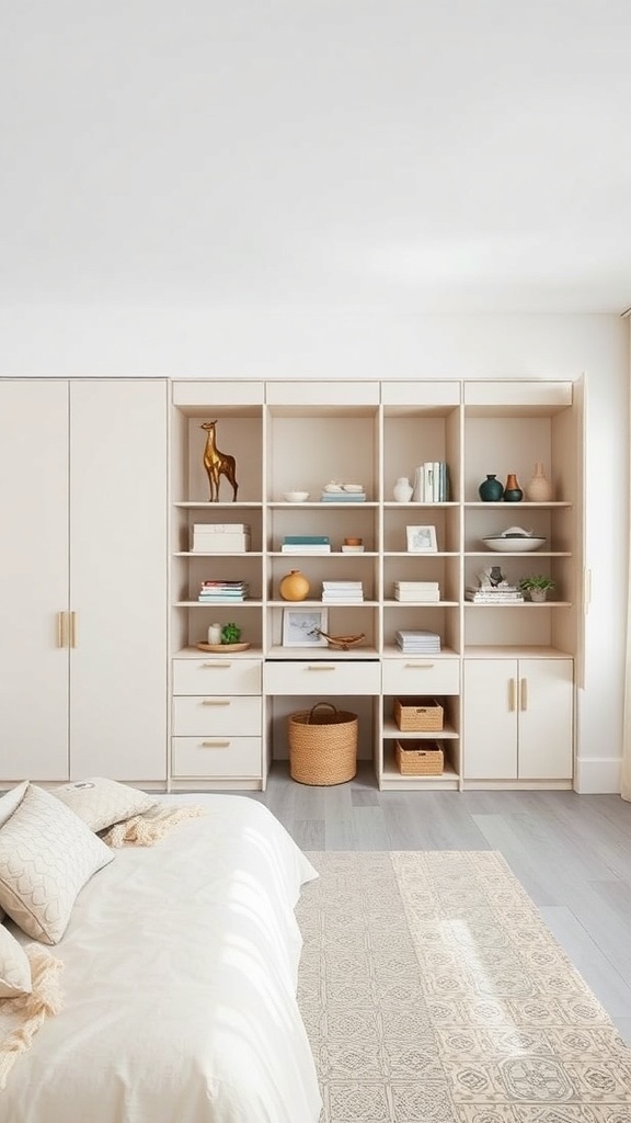 A soft neutral sleep space featuring a stylish storage unit with shelves and drawers.