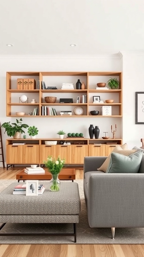 Cozy living room with functional storage solutions.