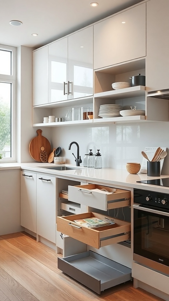 Modern kitchen with pull-out drawers and open shelving for storage.