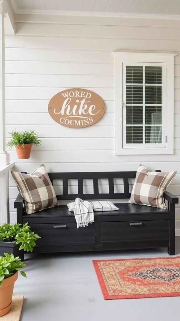 A modern farmhouse porch featuring a storage bench with pillows and plants.