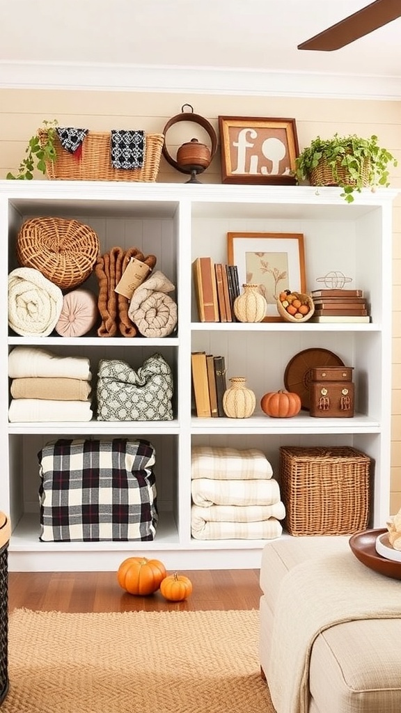 A cozy room with organized shelves displaying fall storage solutions, including baskets and pumpkins.