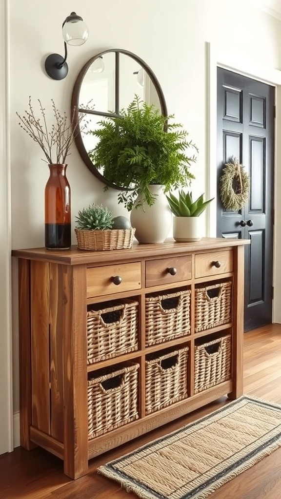 A rustic entryway table with woven baskets and decorative items.