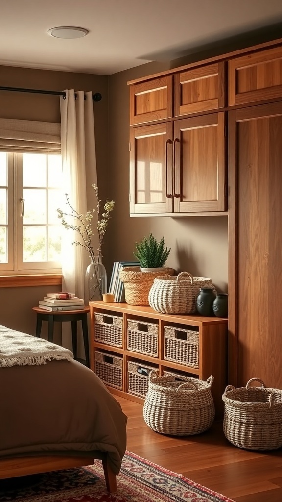 Cozy brown bedroom with wooden storage solutions and woven baskets.