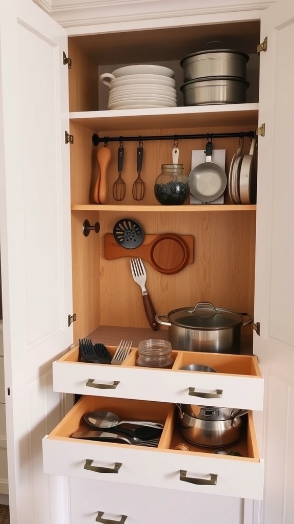 Interior view of farmhouse kitchen cabinets showing organized storage with plates, pots, and utensils.