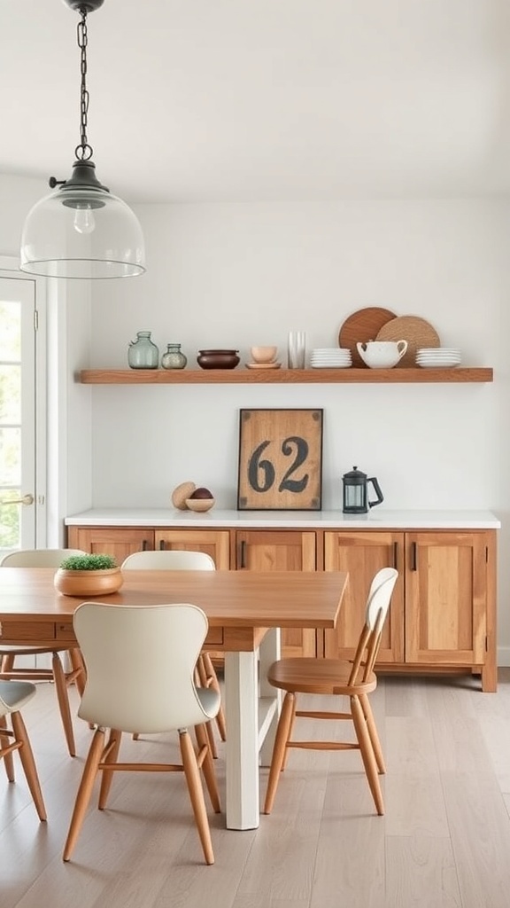 A modern farmhouse dining room featuring a wooden table, chairs, and open shelving with decorative items.