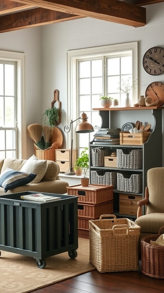 A cozy farmhouse living room with various storage solutions including baskets and wooden crates.