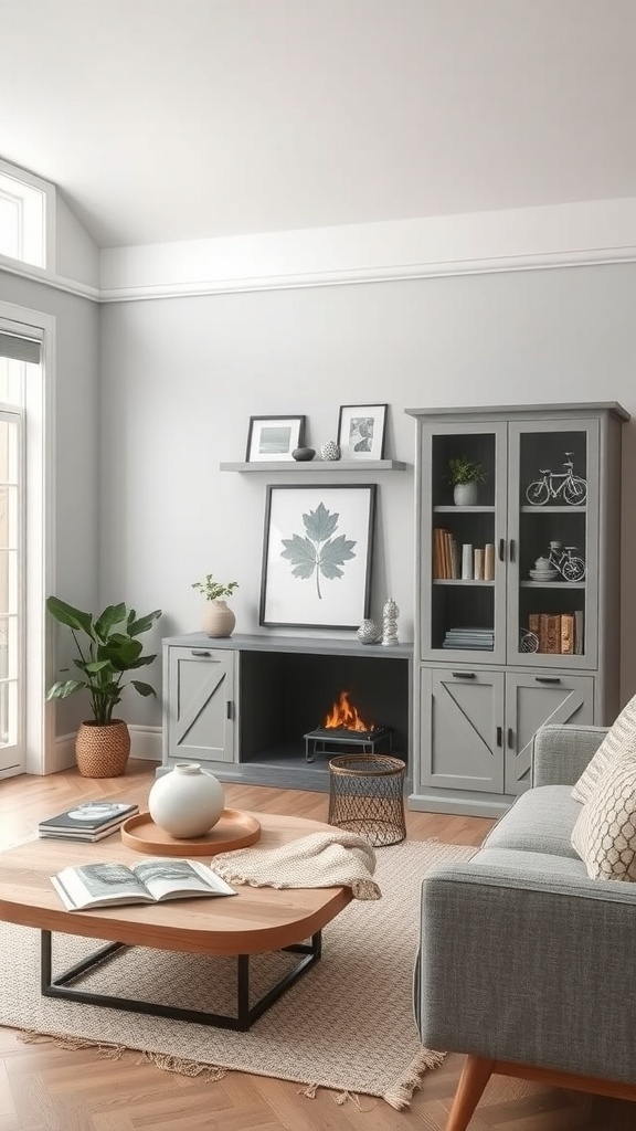 A grey farmhouse living room featuring a stylish cabinet, open shelving, and a cozy atmosphere.