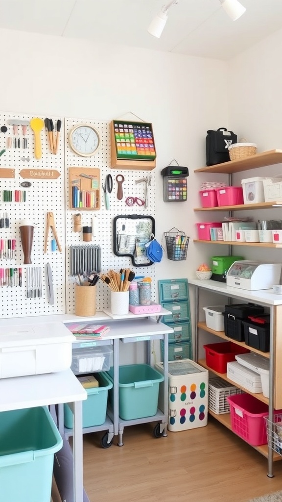 A well-organized craft room featuring pegboards, colorful storage bins, and ample workspace.