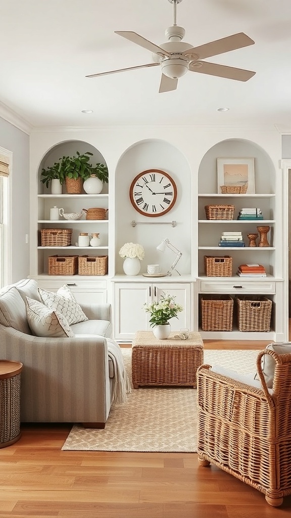 A cozy cottage living room with open shelves and woven baskets for storage.