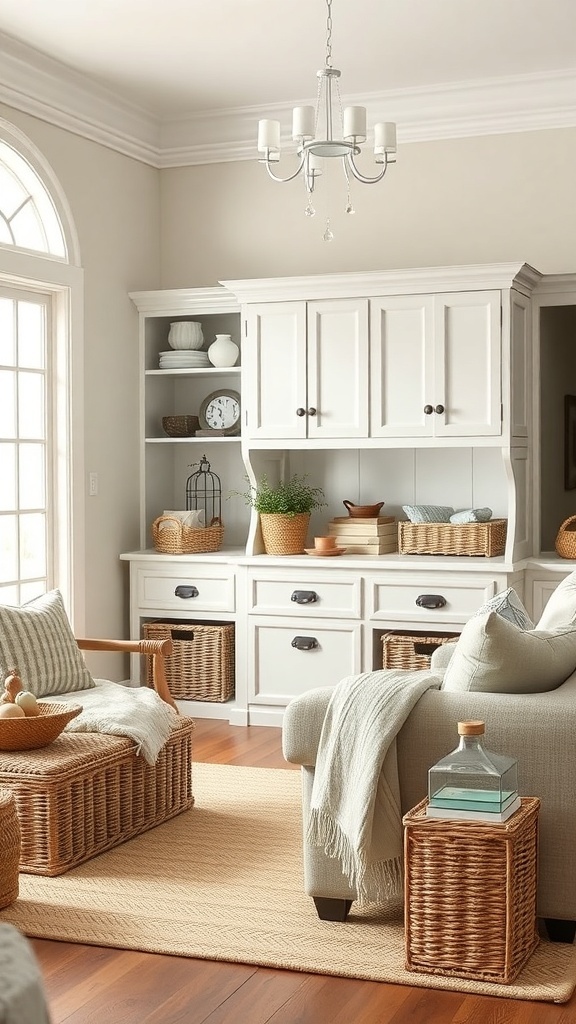 Cozy modern farmhouse living room with functional storage solutions