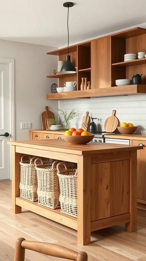 Rustic farmhouse kitchen island with woven baskets for storage