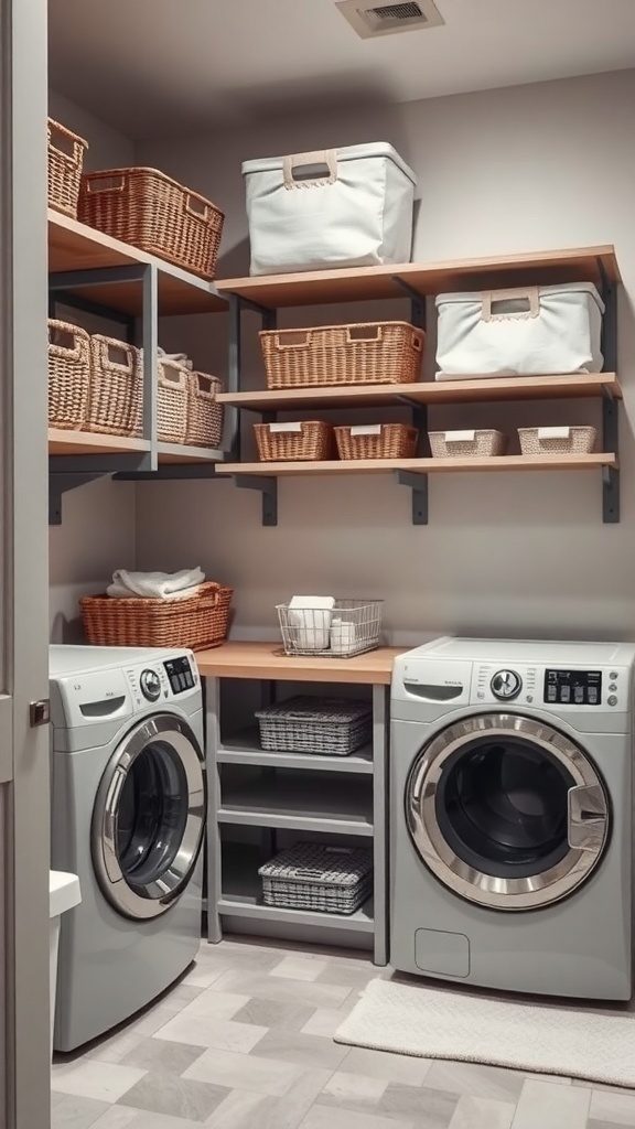 A modern laundry room with organized shelves, baskets, and appliances