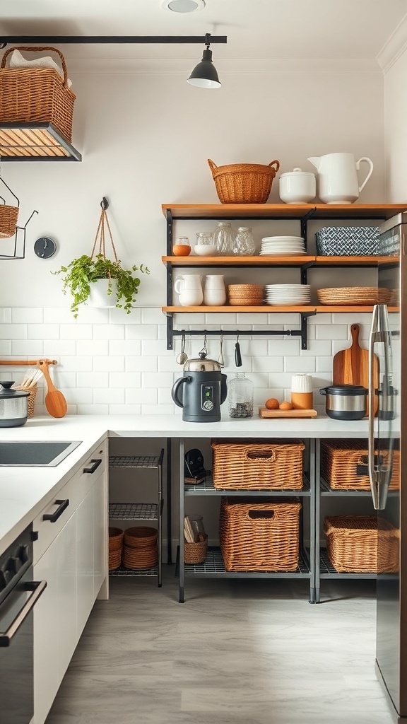 A stylish industrial farmhouse kitchen with open shelves and woven baskets for storage.