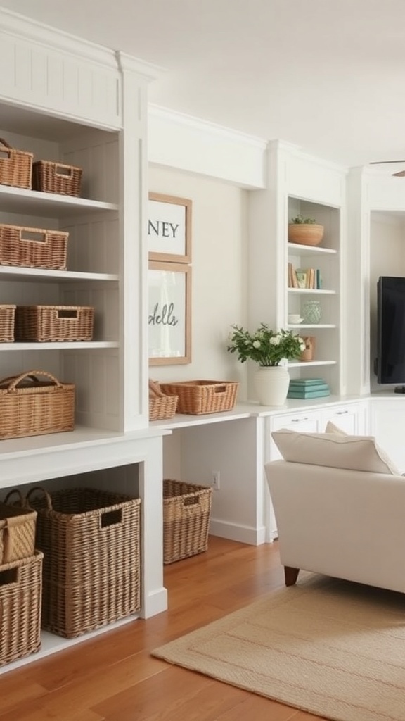 A coastal farmhouse living room featuring functional storage solutions with woven baskets on shelves.
