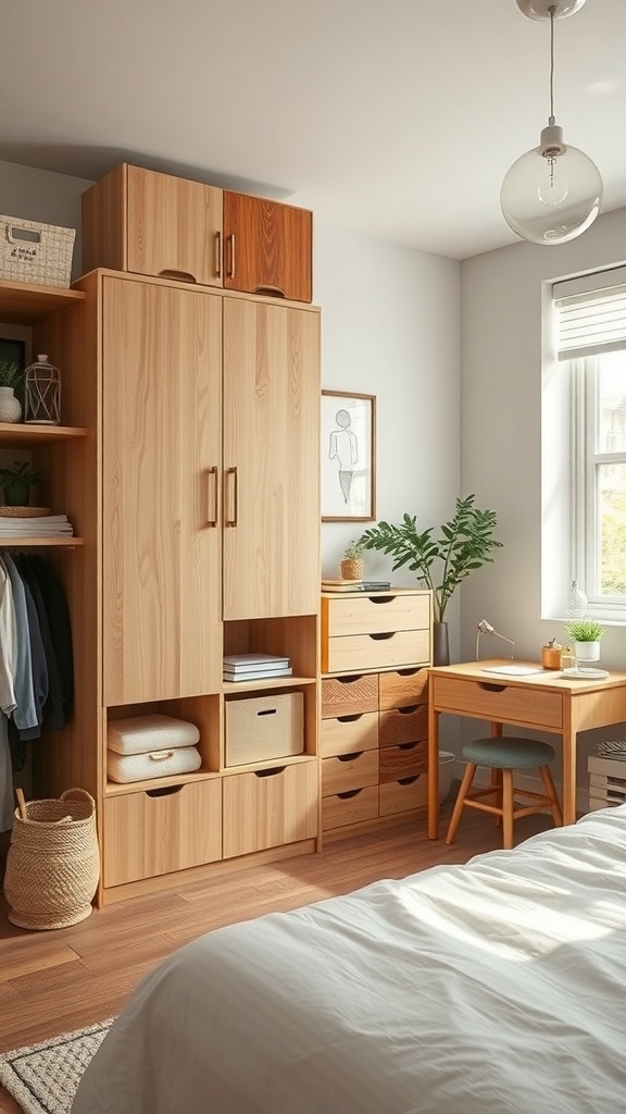 A cozy bedroom with functional storage solutions, featuring wooden cabinets and a desk.