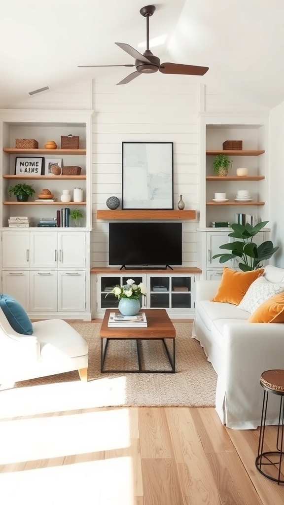 A bright farmhouse living room featuring open shelves, a cozy couch, and a coffee table.