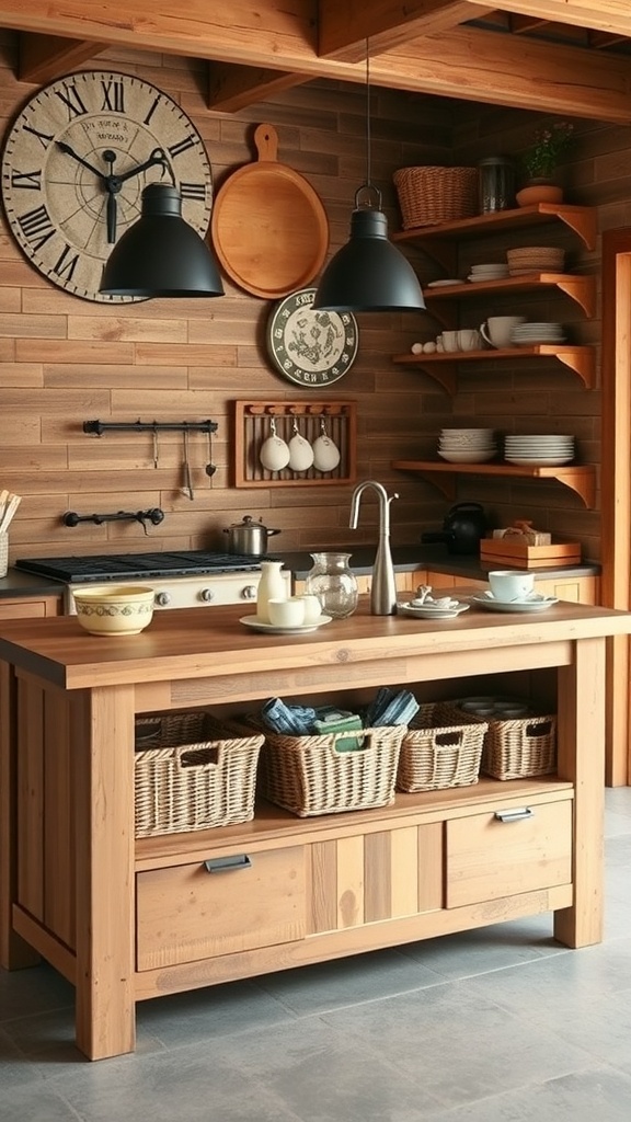 A rustic kitchen island with wooden surfaces, baskets, and a cozy atmosphere.