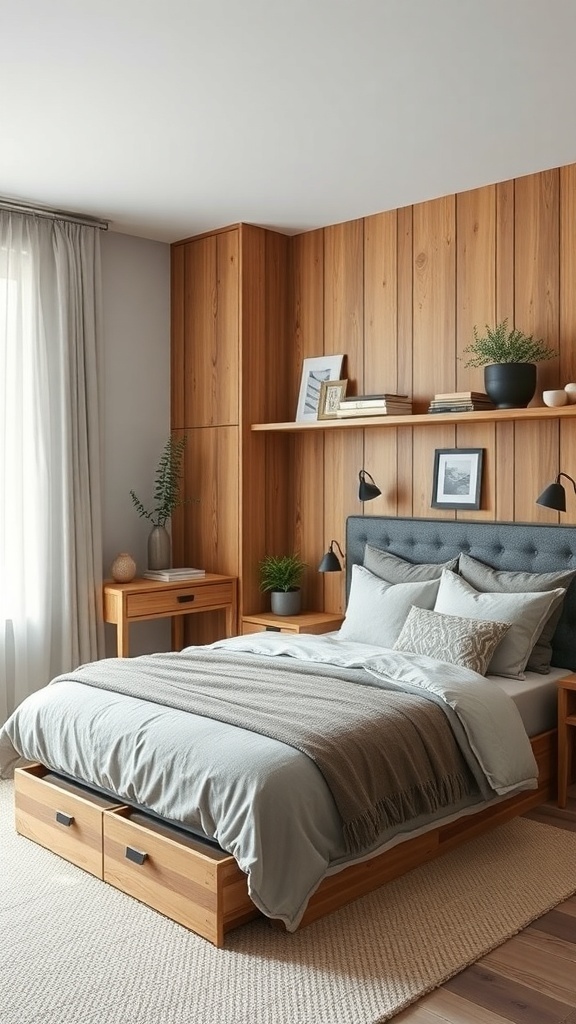 A modern rustic bedroom featuring wooden elements, a cozy bed with storage drawers, and stylish decor.
