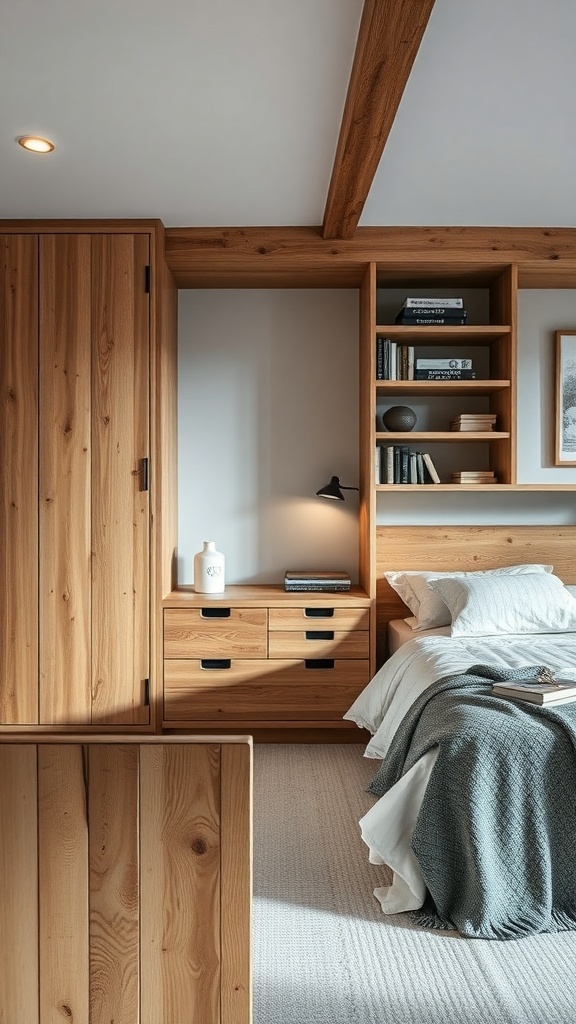 A rustic modern bedroom featuring wooden storage solutions and a cozy atmosphere.