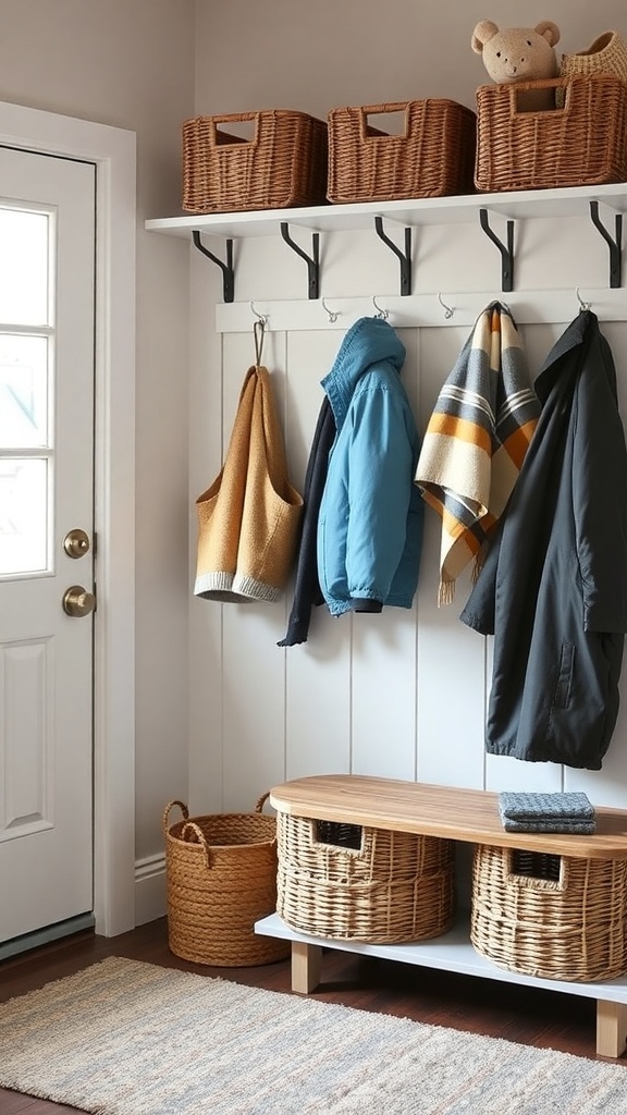 A cozy entryway with hooks for coats, baskets for storage, and a welcoming rug.