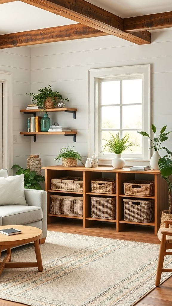 A cozy farmhouse living room with functional storage solutions, including woven baskets and a wooden console.