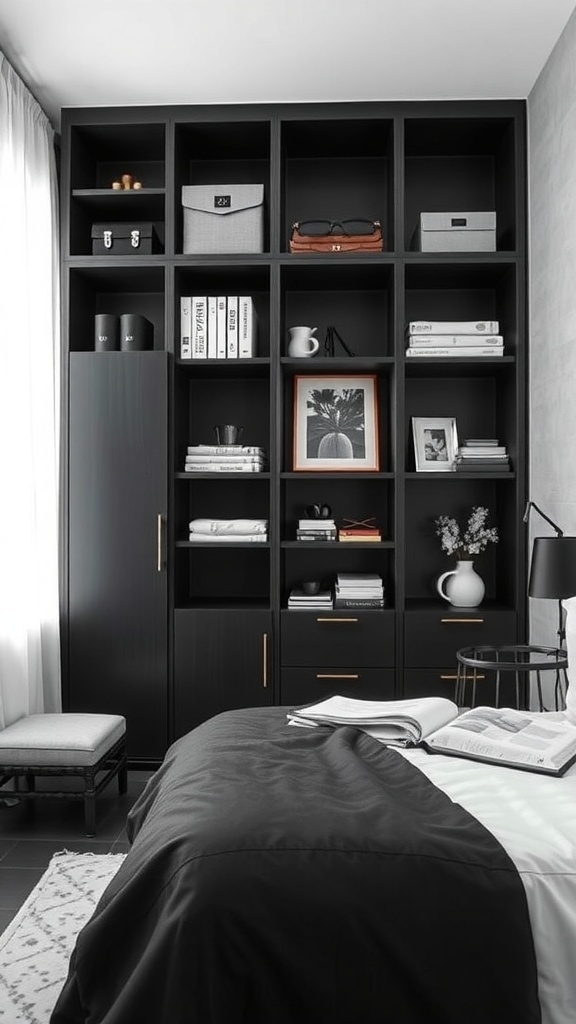 A stylish black and white bedroom featuring a modern shelving unit for storage.