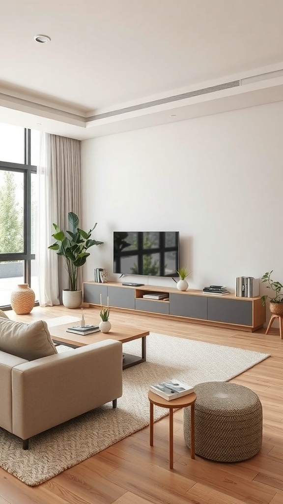 A neutral living room with a cozy sofa, wooden coffee table, and storage solutions.