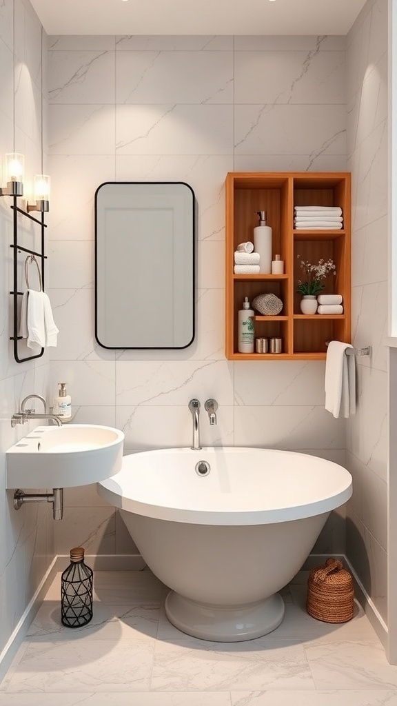 A modern spa bathroom featuring a round bathtub, a wall-mounted sink, and functional storage shelves.