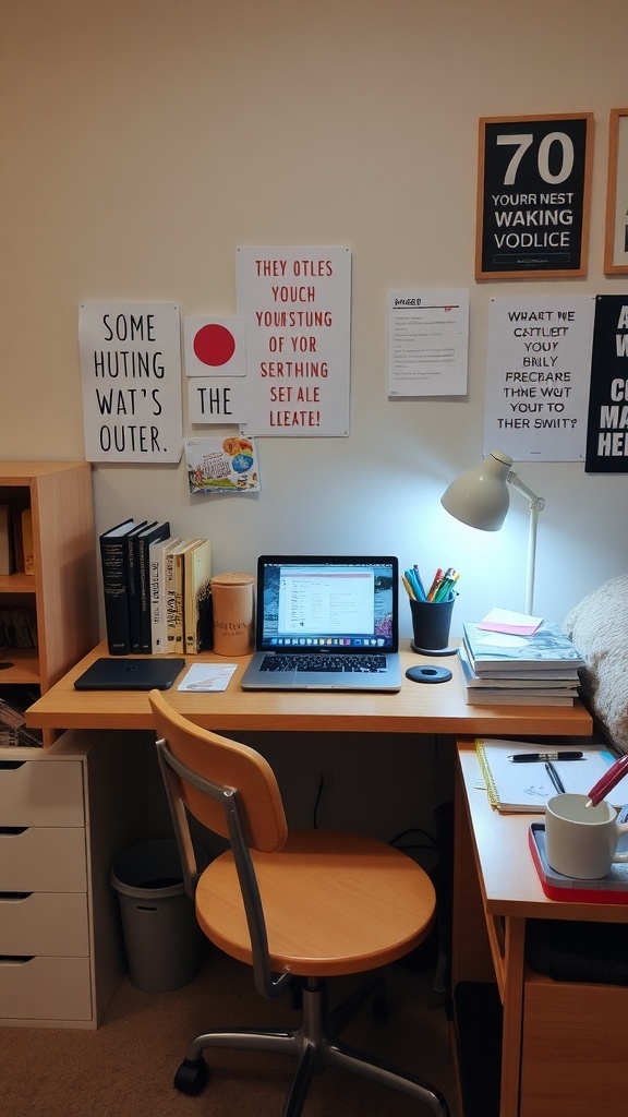 A well-organized study space with a desk, laptop, books, and motivational wall art.