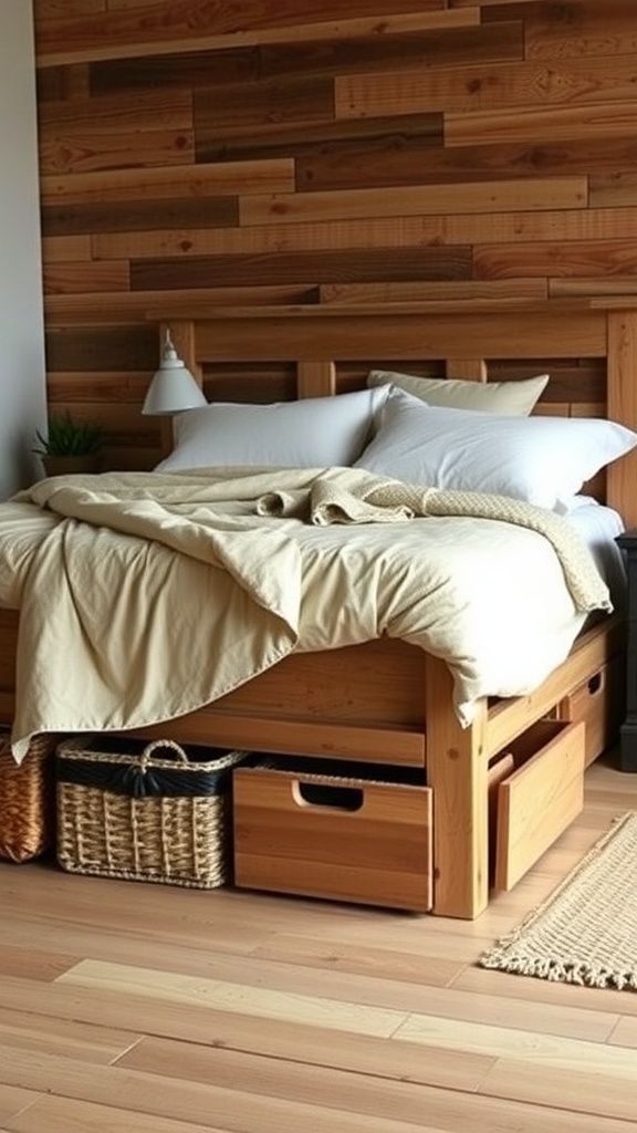 A rustic bed with under-bed storage featuring woven baskets and wooden drawers.