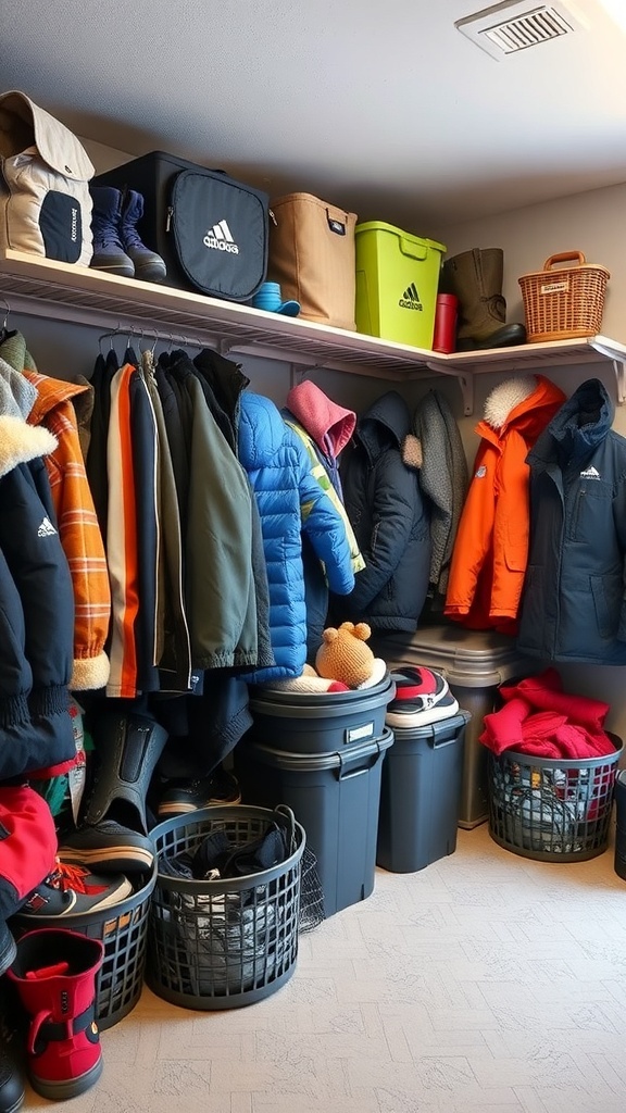 Organized winter storage with baskets and bins filled with coats and gear.